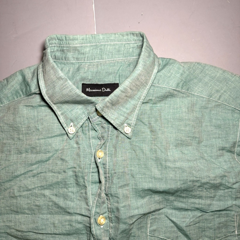 Massimo Dutti Shirt Mens XL L Linen Blend Long Sleeve Button Green Solid